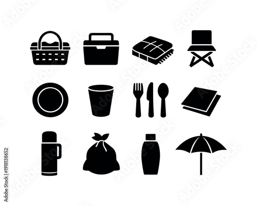 Outdoor leisure picnic set: picnic basket, cooler box, blanket, folding chair, paper plate, cup, cutlery set, napkin, thermos, trash bag, sunscreen
