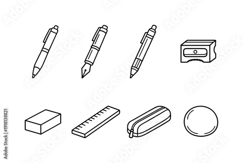 Office desk writing accessories: ballpoint pen, fountain pen, mechanical pencil, pencil sharpener, eraser block, ruler, pen case, paperweight