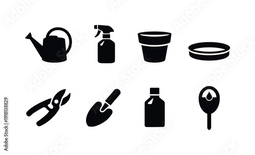 Home plant care tools: watering can, spray bottle, plant pot, drainage tray, pruning shear, soil scoop, fertilizer bottle, moisture meter