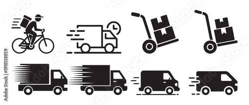 Express moving truck silhouette icons with speed and motion lines. vector illustration eps 10