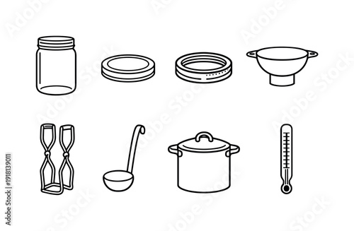 Home kitchen canning tools: glass jar, jar lid, jar ring, canning funnel, jar lifter, ladle, stockpot, thermometer