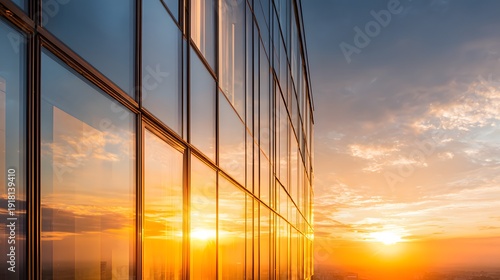 Modern glass building facade reflecting a vibrant orange and yellow sunset sky.