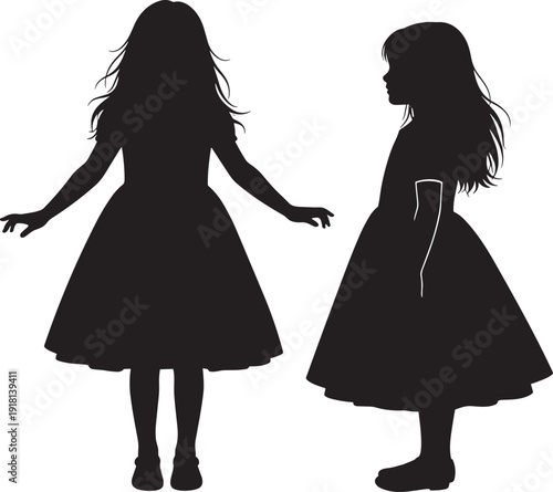 Black silhouette of two little girls wearing elegant dresses standing together isolated on white background for childhood friendship fashion and family concept designs