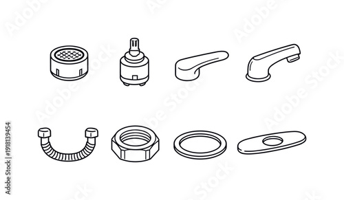 Home bathroom faucet accessories: faucet aerator, replacement cartridge, handle lever, spout extender, supply hose, mounting nut, gasket ring