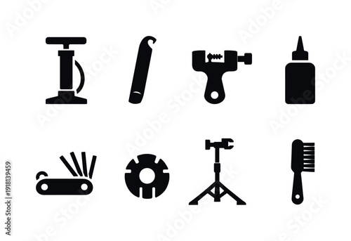 Outdoor bicycle maintenance tools: bicycle pump, tire lever, chain tool, chain lubricant bottle, hex key, spoke wrench, repair stand, cleaning brush