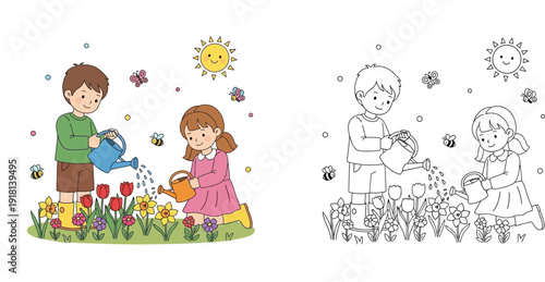 Kids Watering Spring Garden with Flowers, Bees, and Butterflies - Coloring Page Included