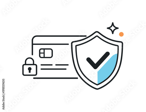 Secure online payments and financial trust in digital commerce environments emphasizing safety, a credit card partially enclosed by a shield icon