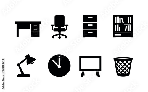 Office furniture: desk, chair, filing cabinet, bookshelf, lamp, clock, whiteboard, wastebasket