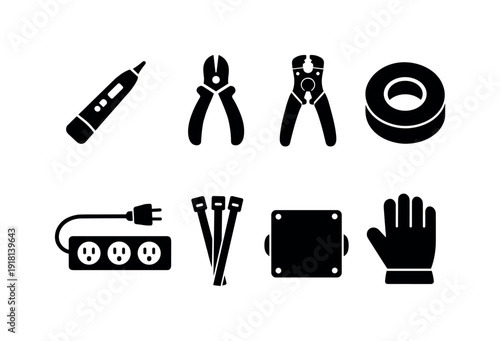 Home electrical tools: voltage tester, wire cutter, wire stripper, electrical tape roll, extension cord, cable tie, junction box, work glove