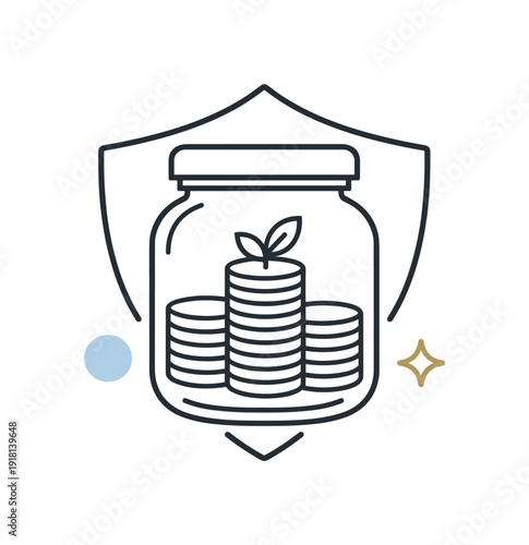 Mindful long-term saving and financial security building in everyday personal finance management focused on stability, a closed jar with neatly
