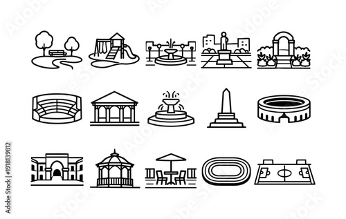 Community spaces in linear style: park, playground, plaza, square, garden, amphitheater, pavilion, fountain, monument, arena, courtyard, gazebo