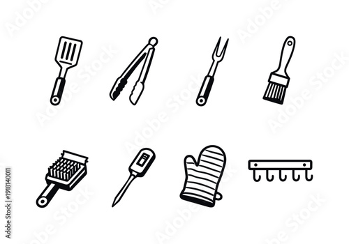 Outdoor patio grilling tools: grill spatula, grill tong, meat fork, basting brush, grill brush, thermometer probe, heat glove, tool hanger