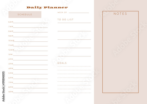 Minimalist abstract monochtome planner. Daily, weekly, monthly planner template. Blank printable vertical notebook page with space for notes and goals