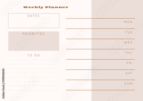 Minimalist abstract monochtome planner. Daily, weekly, monthly planner template. Blank printable vertical notebook page with space for notes and goals