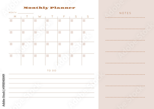 Minimalist abstract monochtome planner. Daily, weekly, monthly planner template. Blank printable vertical notebook page with space for notes and goals