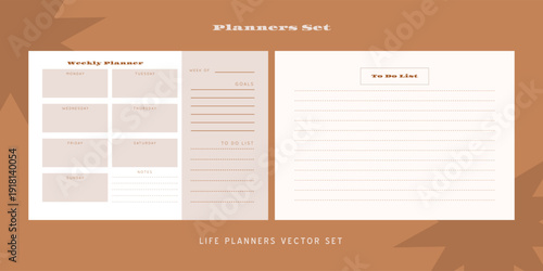 Set of minimalist monochrome abstract planners. Daily, weekly, monthly planner template. Blank printable vertical notebook page with space for notes and goals