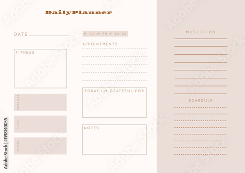 Minimalist abstract monochtome planner. Daily, weekly, monthly planner template. Blank printable vertical notebook page with space for notes and goals