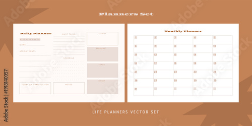 Set of minimalist monochrome abstract planners. Daily, weekly, monthly planner template. Blank printable vertical notebook page with space for notes and goals