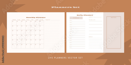 Set of minimalist monochrome abstract planners. Daily, weekly, monthly planner template. Blank printable vertical notebook page with space for notes and goals