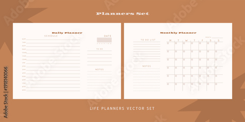 Set of minimalist monochrome abstract planners. Daily, weekly, monthly planner template. Blank printable vertical notebook page with space for notes and goals