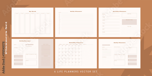 Set of minimalist monochrome abstract planners. Daily, weekly, monthly planner template. Blank printable vertical notebook page with space for notes and goals