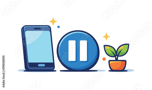 Healthy digital boundaries and intentional screen time balance in modern routines, a smartphone placed beside a pause icon and a small plant