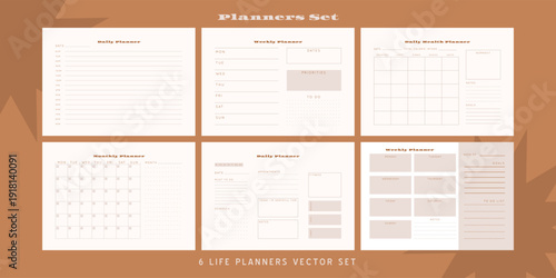 Set of minimalist monochrome abstract planners. Daily, weekly, monthly planner template. Blank printable vertical notebook page with space for notes and goals