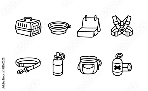 Home pet travel accessories: pet carrier, travel bowl, seat cover, safety harness, leash strap, water bottle, treat pouch, waste bag dispenser