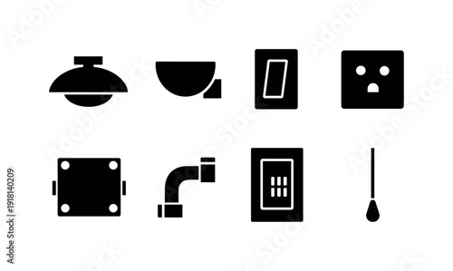 Home electrical fixtures: ceiling light, wall sconce, light switch, power outlet, junction box, conduit pipe, breaker panel, pull cord
