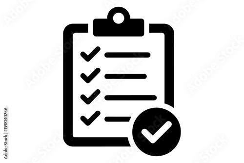 Checklist complete: A detailed view of a black clipboard with checkmarks signifying task completion and success