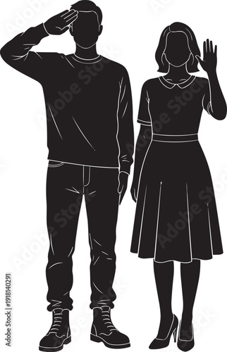 Black Silhouette Of Young Man Saluting And Woman Waving Hand Standing Together In Greeting Or Farewell Isolated On White Background Patriotism And Respect Concept