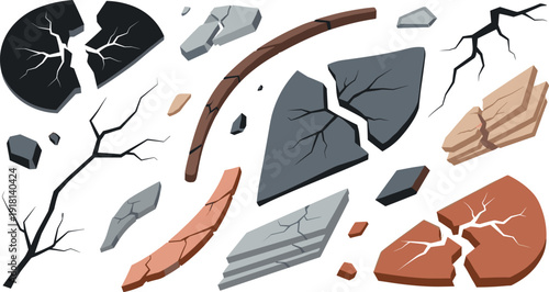 Broken stone pieces and cracked rock fragments vector set with damaged concrete debris fissure elements for destruction and geology design.