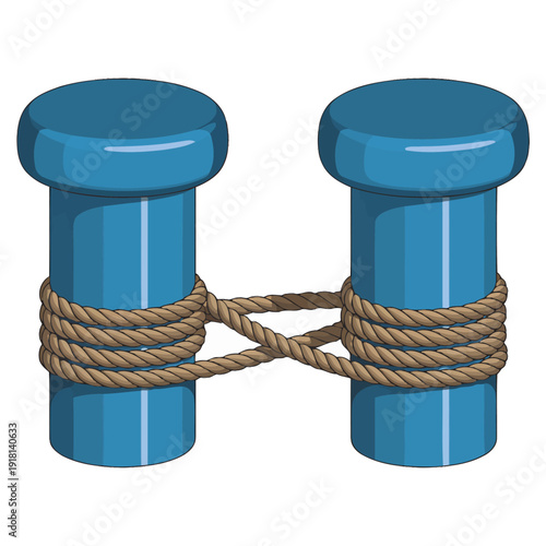 Blue bollards tied together with a brown rope on white background