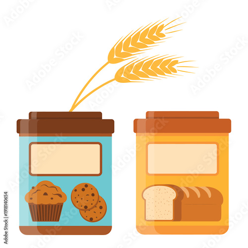 Colorful illustration of bakery product jars with wheat  food storage containers