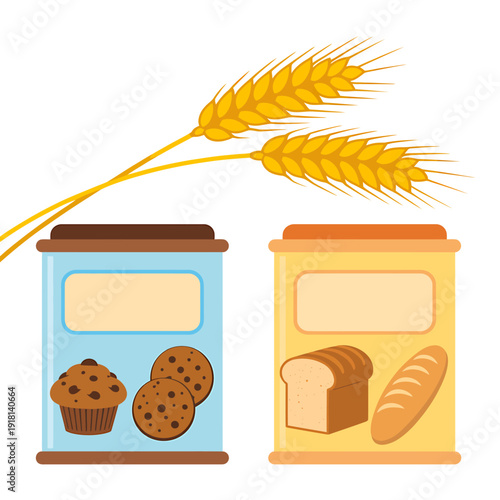 Colorful illustration of bakery containers with bread and pastries and wheat ears
