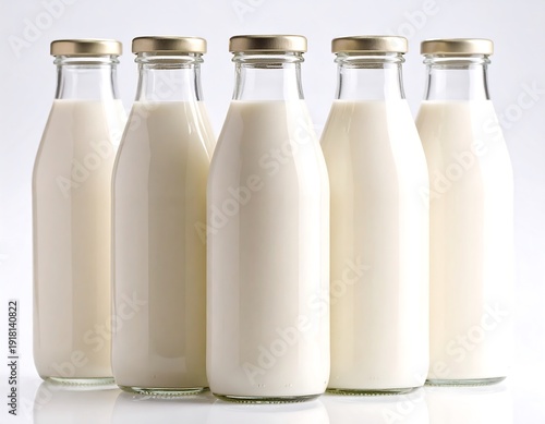 Five glass milk bottles, each with a gold lid, stand together against a white background, some are fuller than others