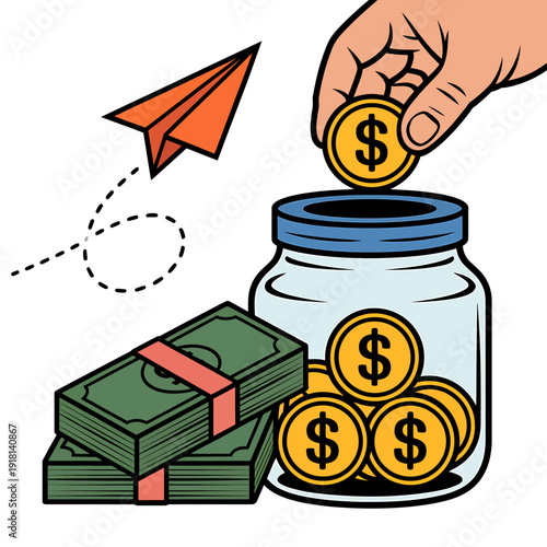 Cartoon hand putting dollar coin into glass jar with money and paper plane flying away