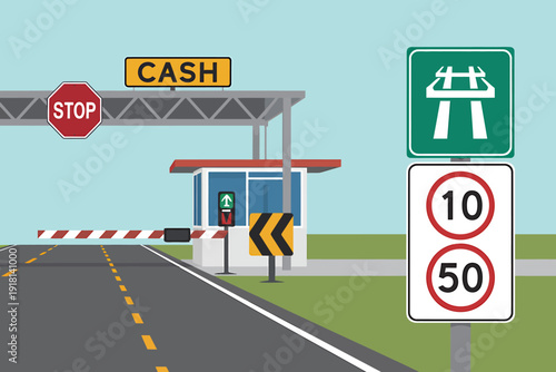 Road with toll booth and various traffic signs and barriers closed