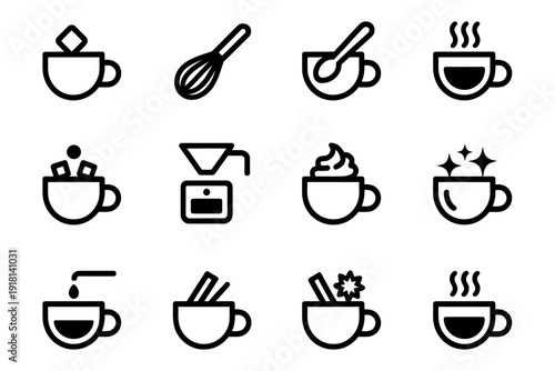 Set of line icons of coffee cups with different ingredients and accessories  various coffee cup designs
