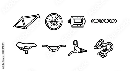 Bicycle components: bicycle frame, wheel, pedal, chain, saddle, handlebar, brake lever, derailleur
