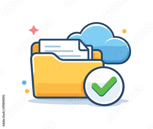 Efficient digital document management for remote work environments emphasizing organization and accessibility, a folder icon paired with a cloud and a