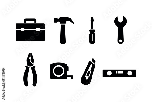 Home toolbox essentials: toolbox, hammer, screwdriver, wrench, pliers, tape measure, utility knife, level