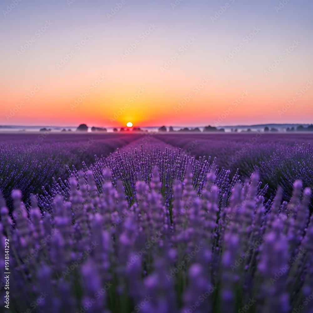 Obraz premium Sunrise over a vast field of blooming lavender in Provence, France