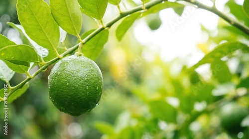 Fresh green lime hanging from a tree branch with leaves, outdoors in natural sunlight