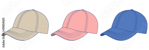 Three baseball caps in beige pink and blue colors side by side