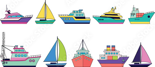 Set of colorful boats and ships including sailboats luxury yachts and cargo vessels flat vector illustration