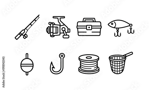 Fishing tackle items: fishing rod, fishing reel, tackle box, lure, bobber, fishing hook, fishing line spool, landing net