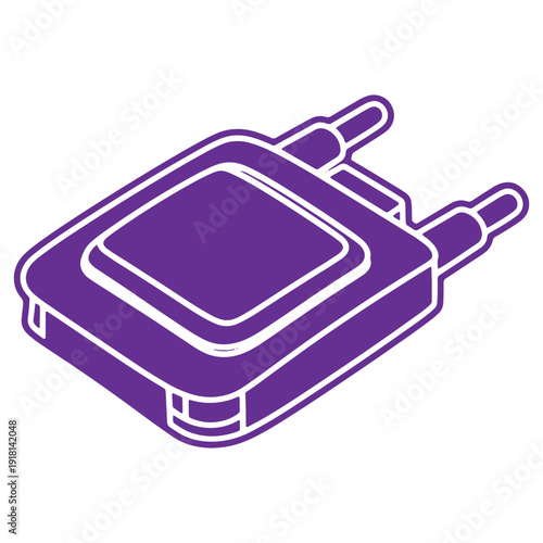 A purple graphic illustration of a portable twoway radio device depicted in an isometric perspective with a white outline isolated on a transparent background representing communication technology