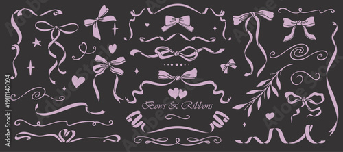 Bows and Ribbons set with hand drawn bows, flowing ribbons, swirls, frames, hearts, stars and floral branches. Bows and Ribbons decorative elements for invitations, cards, branding. outline vector ill