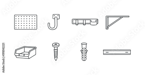 Home garage wall storage: pegboard panel, wall hook, tool holder, shelf bracket, storage bin, mounting screw, wall anchor, rail track